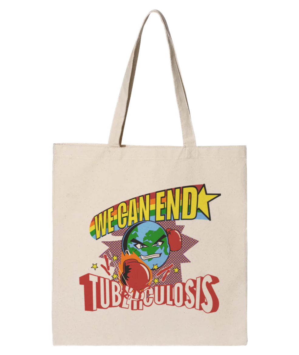Photo of the TBFighters tote bag which is white with a graphic reading 'WE CAN END TUBERCULOSIS' in all caps along with a cartoon of the globe punching the word 'tuberculosis'